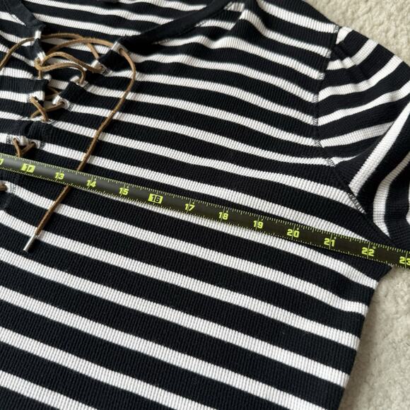 Lauren Ralph Lauren Striped Lace-Up Waffle-Knit Top Leather Drawcord Size XXL - Picture 7 of 12